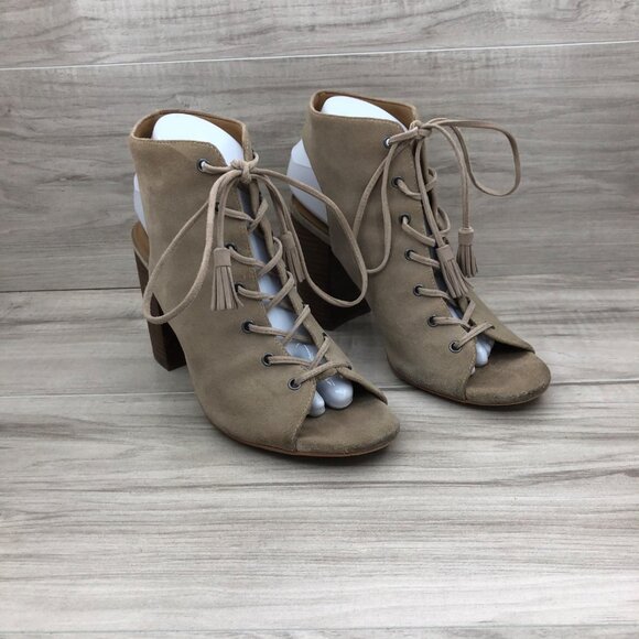 Arturo Chiang Booties Womens 8.5 Tan Suede Lace Up Open Toe Block Heel Shoes - Picture 1 of 12